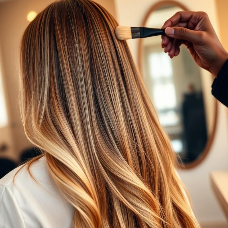 Balayage-Anwendung mit Pinsel auf blondem Haar
