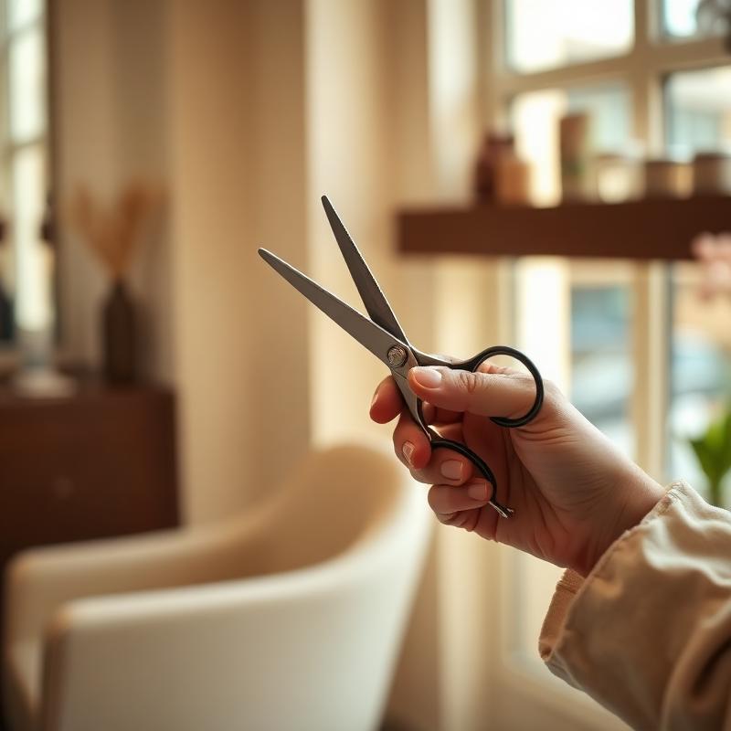 Hand mit professioneller Friseurschere in warmem Salonlicht